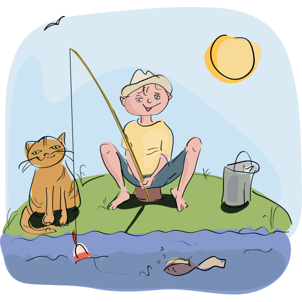 SVG Boy and cat fishing vector drawing
