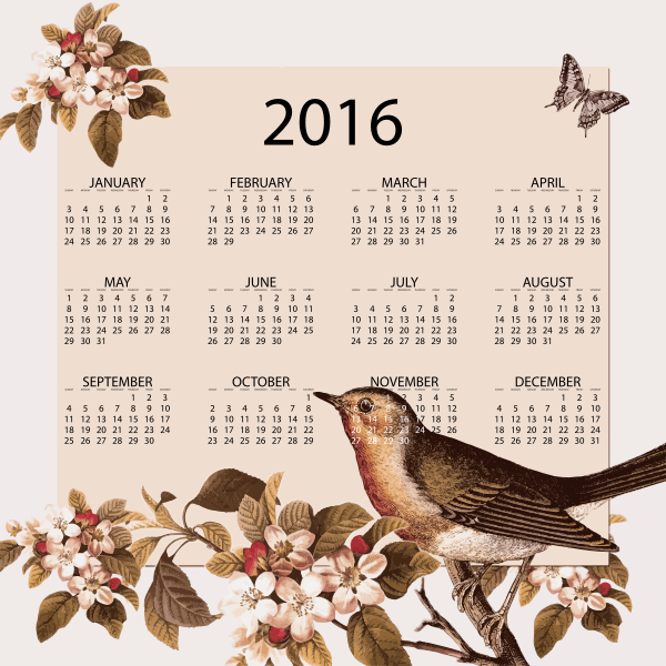 SVG Calendar 2016 with vintage birds and flowers