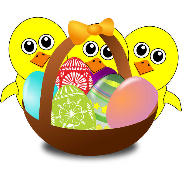 SVG Cartoon chicks with Easter eggs in a basket vector image