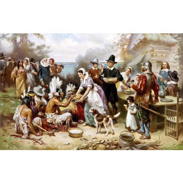 SVG Clip art of pilgrims and Native Americans celebrating Thanksgiving together