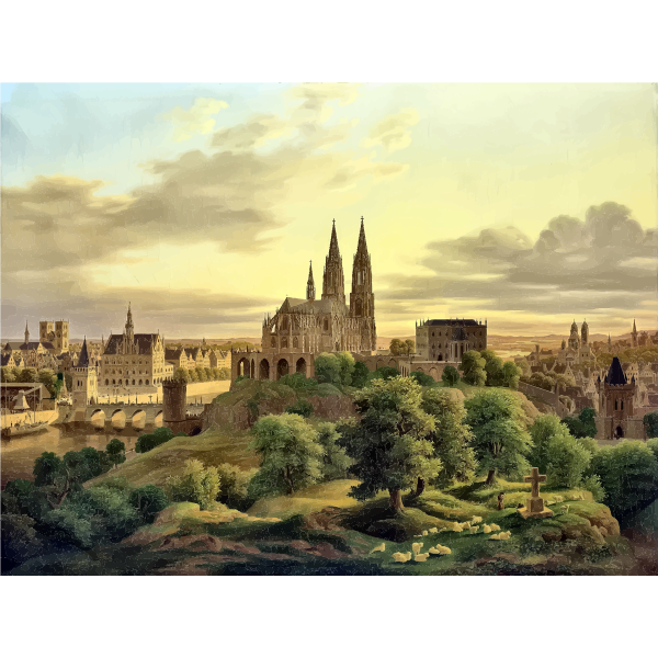 SVG Drawing of medieval town panorama in color