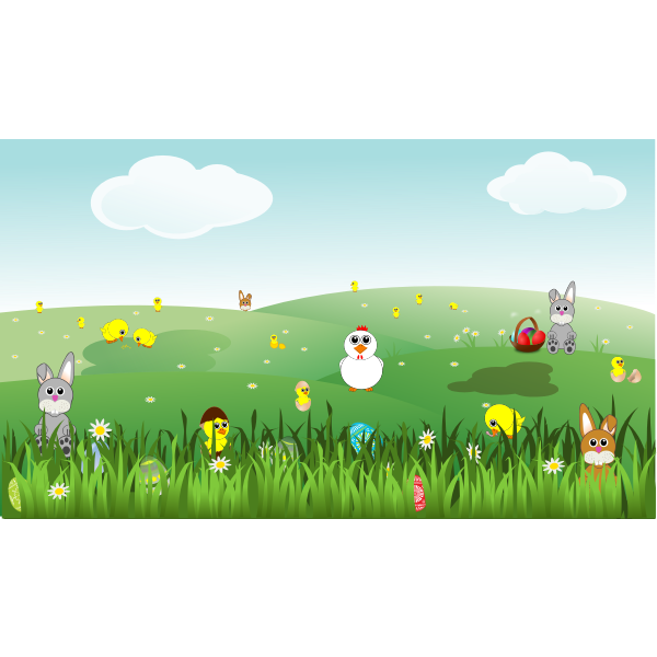 SVG Easter landscape with bunnies chicks eggs chicken flowers