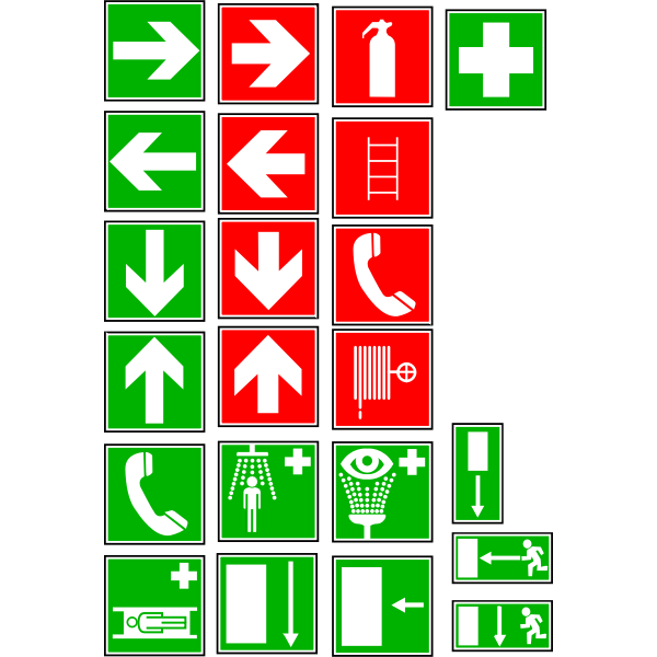 SVG Fire exit and medical instruction signs vector drawing