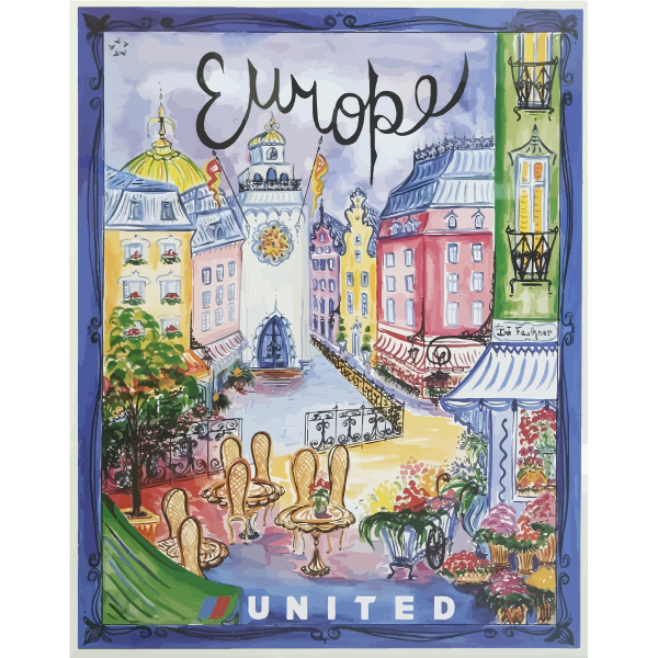 SVG Fly to Europe travel poster vector illustration