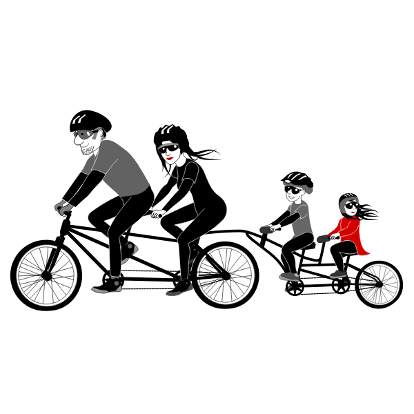 SVG Four person family riding a tandem bike vector drawing