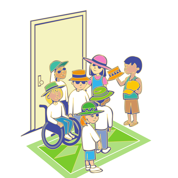 SVG Group of kids with hats in front of door vector illustration