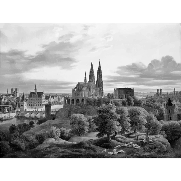 SVG Illustration of of medieval town panorama in gray color