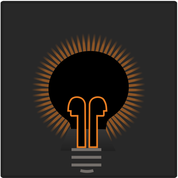 SVG Illustration of two small heads in front of a glowing light bulb