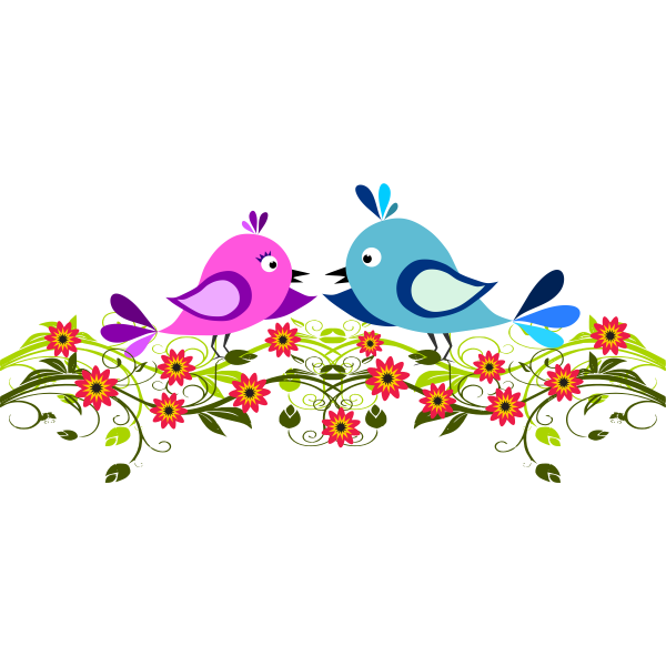 SVG Image of two cute birds winging among flowers