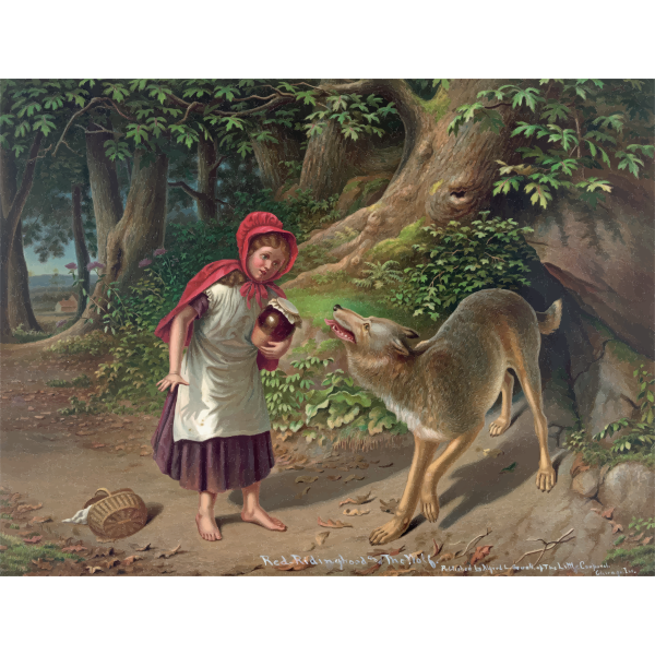 SVG Little Red Riding Hood meeting the wolf color drawing