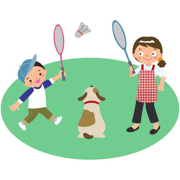 SVG Mother plays badminton with son and dog
