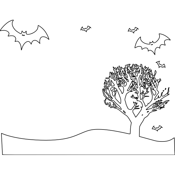 SVG Outline vector illustration of scenery with bats and tree