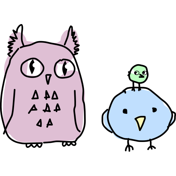 SVG Owl and two birds cartoon drawing