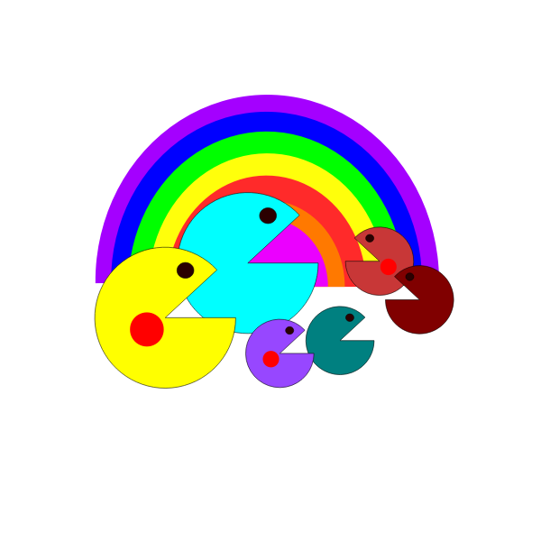 SVG Pacman family in front of a rainbow vector clip art