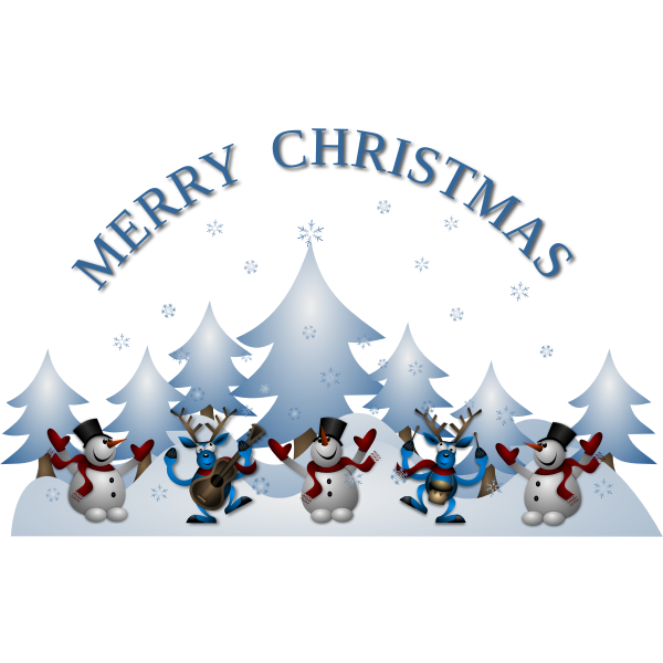 SVG Snowman and dancing raindeer with guitar Merry Christmas greeting card vector illustration