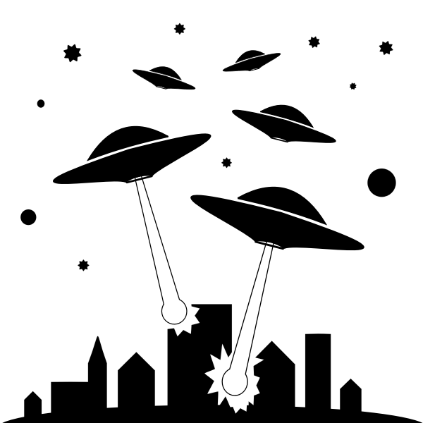 SVG UFOs attack city vector illustration