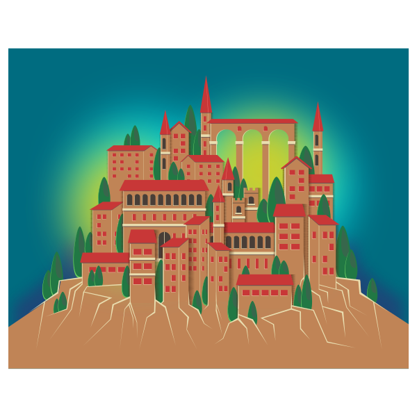 SVG Vector clip art of mountain village in color