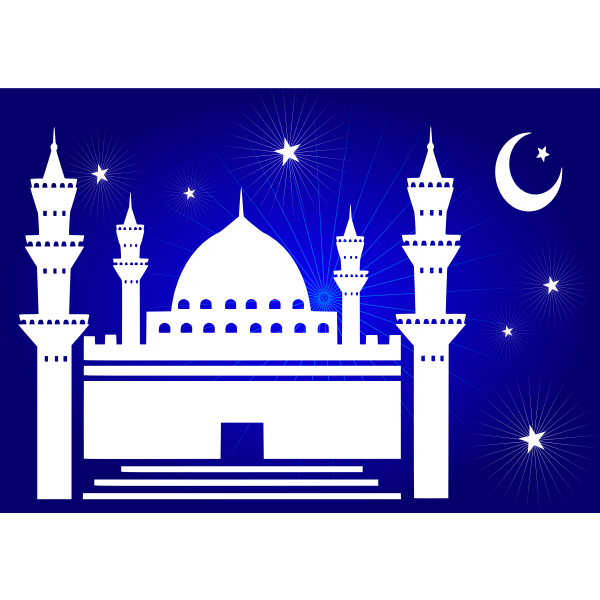 SVG Vector clip art of nightime mosque with stars and moon above