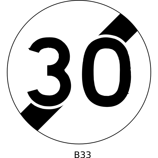 SVG Vector drawing of 30mph speed limitation ends French roadsign