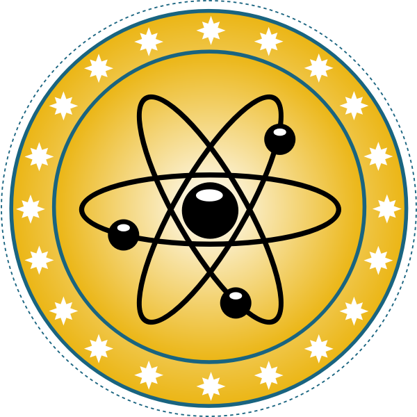 SVG Vector drawing of atomic badge set in gold