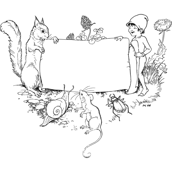 SVG Vector drawing of children and wood animals holding a noticeboard