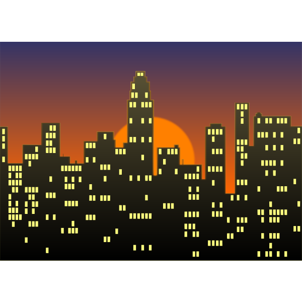 SVG Vector drawing of cityscape under a sunset sky