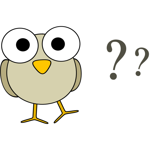 SVG Vector drawing of funny grey cartoon bird with big eyes and some question marks