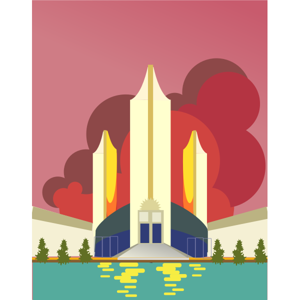 SVG Vector drawing of futuristic city skyline in color