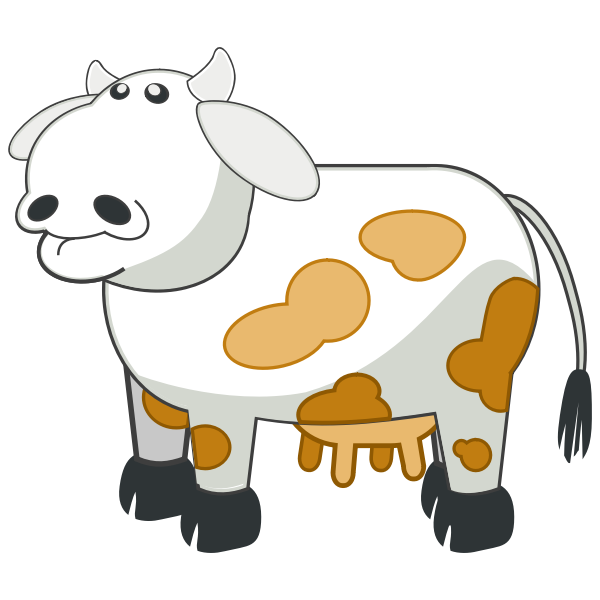 SVG Vector drawing of gray cartoon cow with brown spots