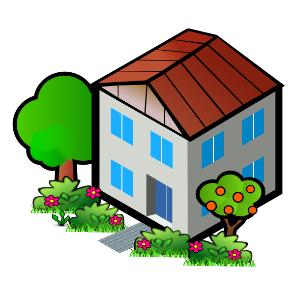 SVG Vector drawing of house next to an apple tree