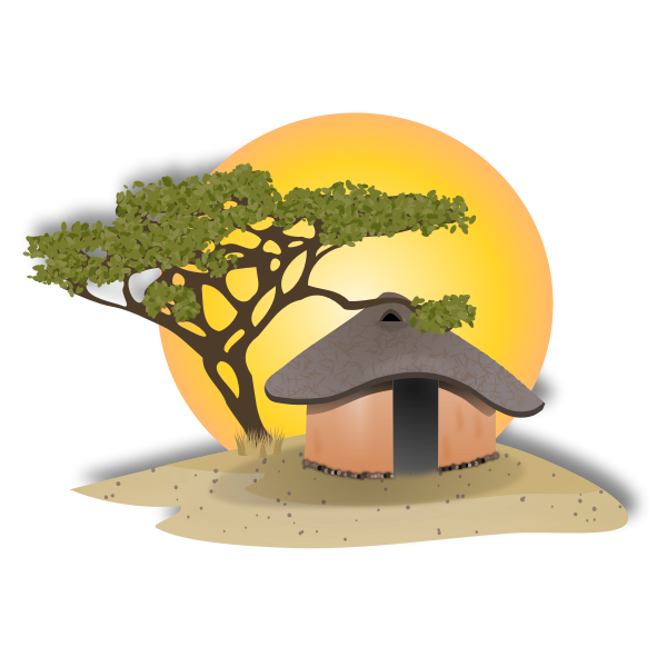 SVG Vector drawing of landscape with African hut