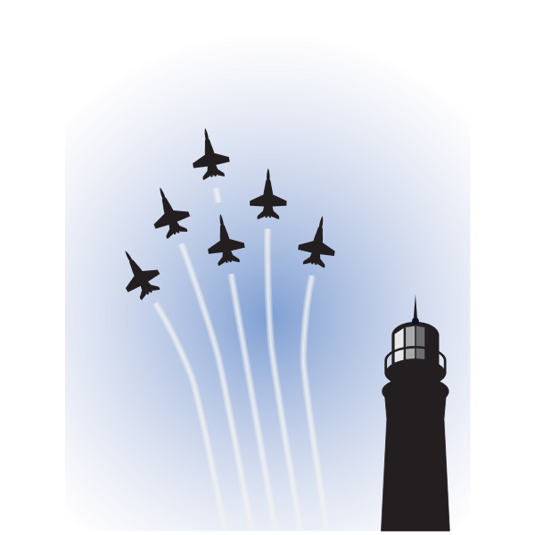 SVG Vector drawing of military planes on show over lighthouse