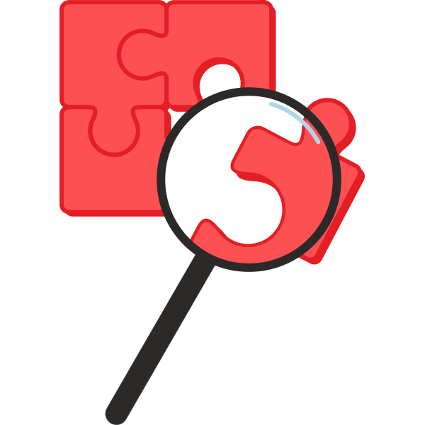 SVG Vector drawing of red puzzle enlarged with magnifying glass