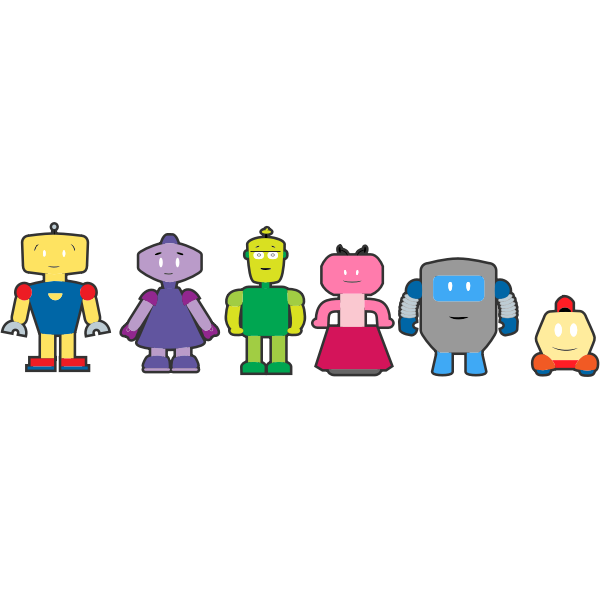 SVG Vector graphics of colorful robot characters with outlines
