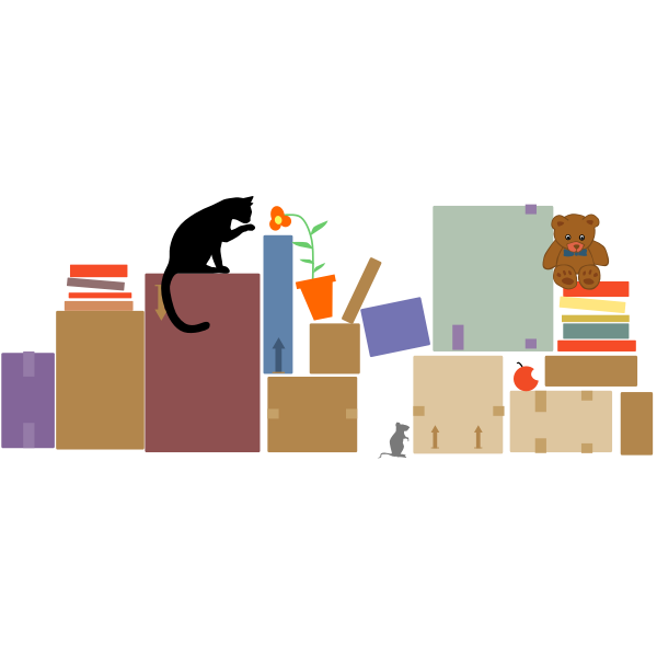 SVG Vector illustration of cat mouse and teddy between packed boxes