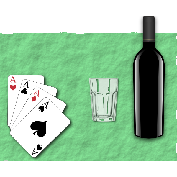 SVG Vector illustration of four playing cards a glass and bottle of wine
