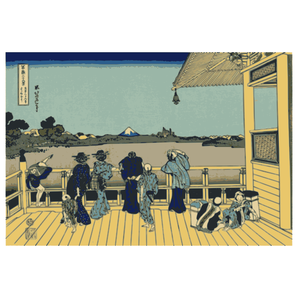SVG Vector illustration of men and women looking at Mount Fuji from a terrace