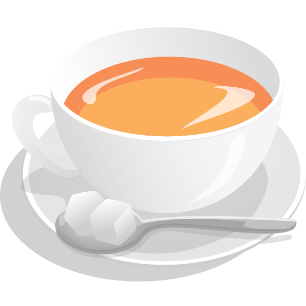 SVG Vector illustration of tea cup served on saucer with sugar and spoon