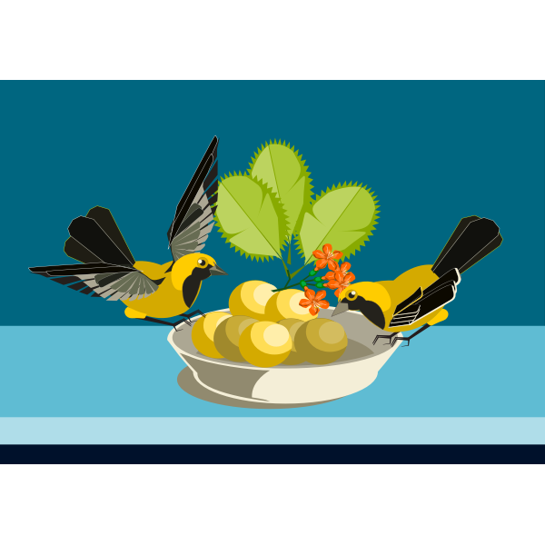 SVG Vector illustration of two small birds eating out of a dish