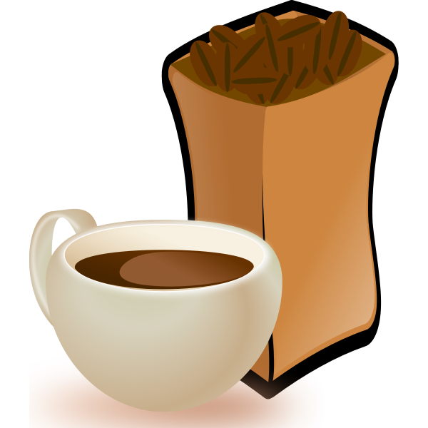 SVG Vector image of beige cup of coffee with sack of coffee beans