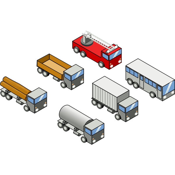 SVG Vector image of four trucks a bus and a firefighter truck