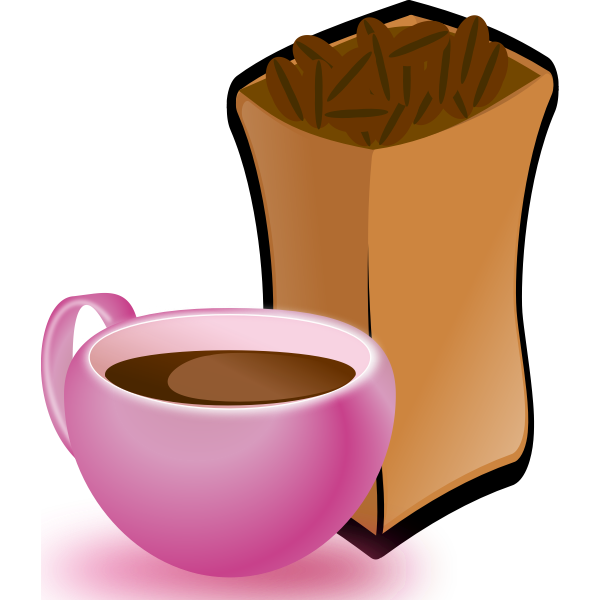 SVG Vector image of pink cup of coffee with sack of coffee beans