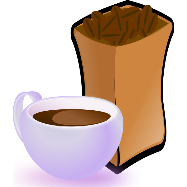 SVG Vector image of purple cup of coffee with sack of coffee beans