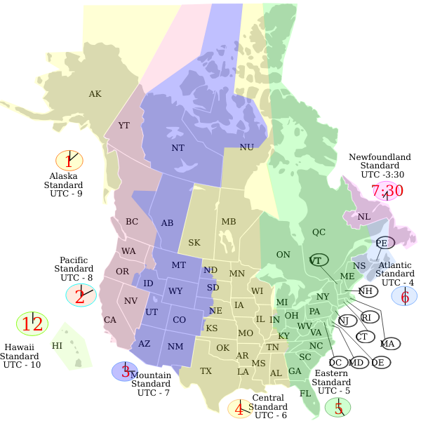SVG Vector map of USA and Canada time zones