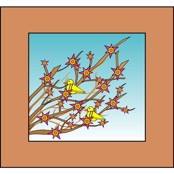 SVG Yellow birds in tree branches with flowers image