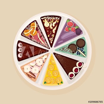 Sweet cake or tart divided into eight parts with various tastes and toppings