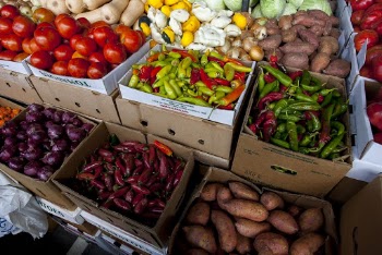 Sweet Potatoes, Chillis, and Onions on Box