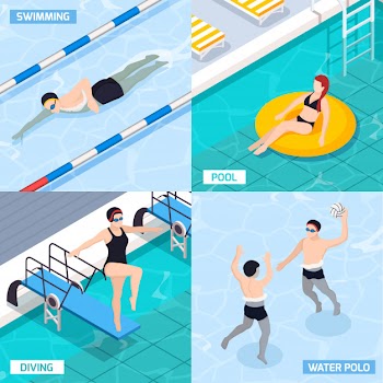 Swimming pool isometric set with diving and people playing water polo, isolated vector illustration Free Vector
