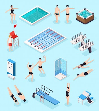 Swimming pool isometric set with equipment, isolated vector illustration Free Vector