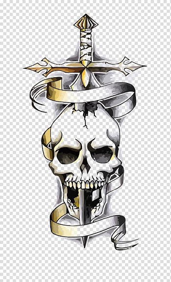 Sword and skull tattoo illustration, Snake Dragon Human skull symbolism Tattoo Drawing, skeleton transparent background PNG clipart